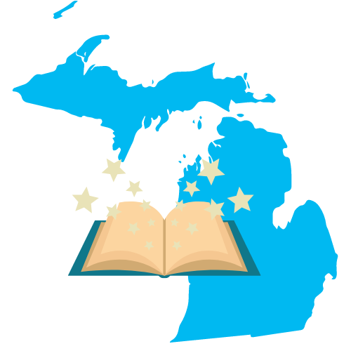 michigan map in blue silhouette with open book superimposed
